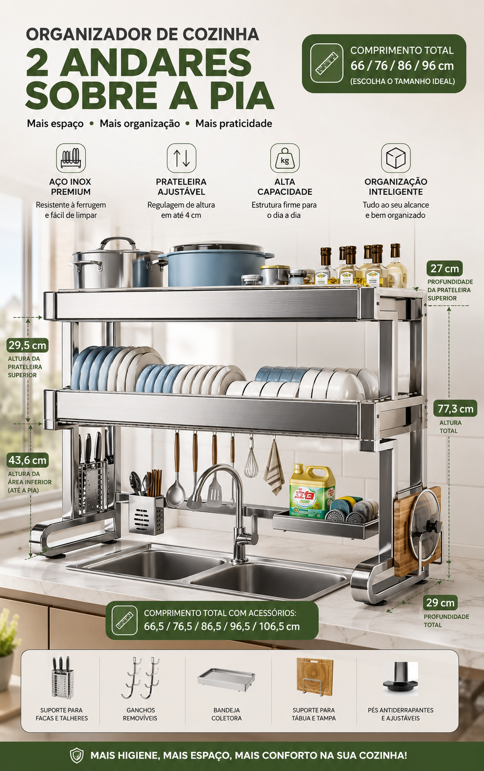 Escorredor de Louças Multifuncional em Aço Inox 304